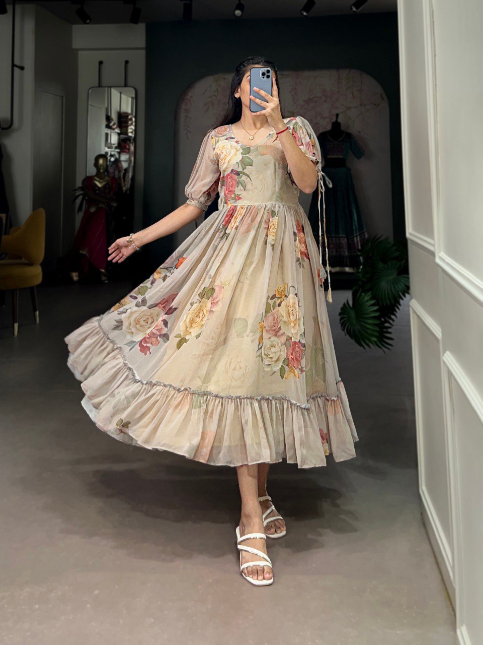 Off White Graceful Floral Georgette Frock – Ethnic Summer Collection