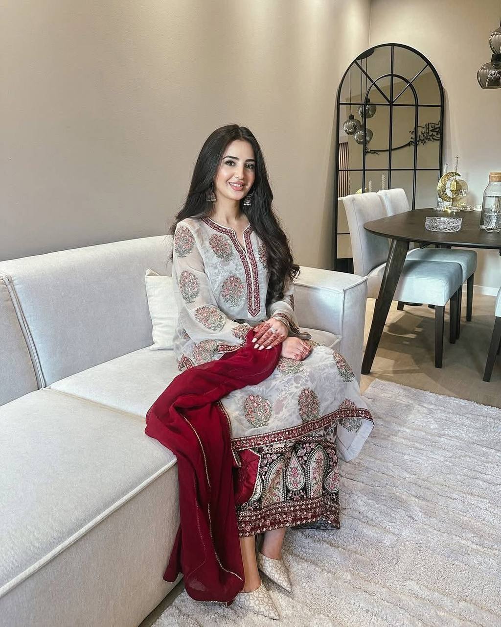 Off White Heavy Faux Georgette Embroidered Suit Set with Printed Crepe Plazzo & Lace Dupatta Clothsvilla