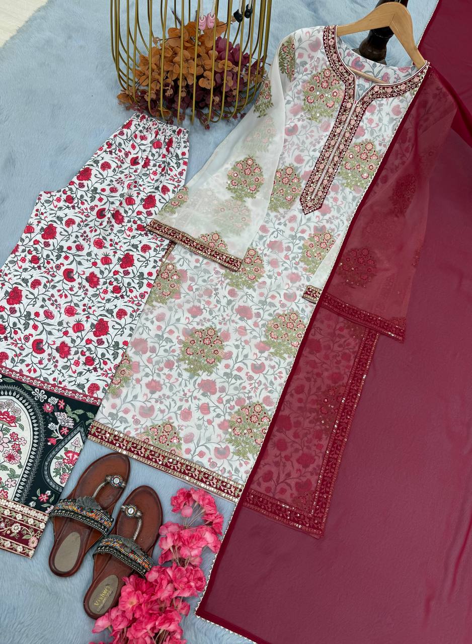 Off White Heavy Faux Georgette Embroidered Suit Set with Printed Crepe Plazzo & Lace Dupatta Clothsvilla