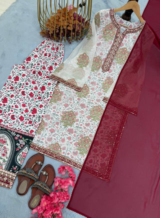 Off White Heavy Faux Georgette Embroidered Suit Set with Printed Crepe Plazzo & Lace Dupatta Clothsvilla