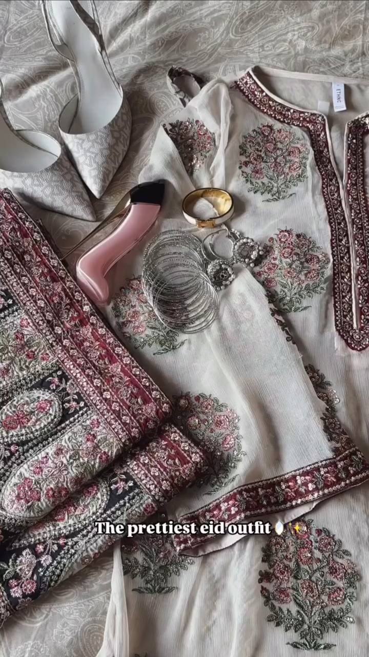 Off White Heavy Faux Georgette Embroidered Suit Set with Printed Crepe Plazzo & Lace Dupatta Clothsvilla