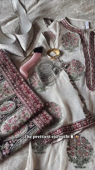 Off White Heavy Faux Georgette Embroidered Suit Set with Printed Crepe Plazzo & Lace Dupatta Clothsvilla