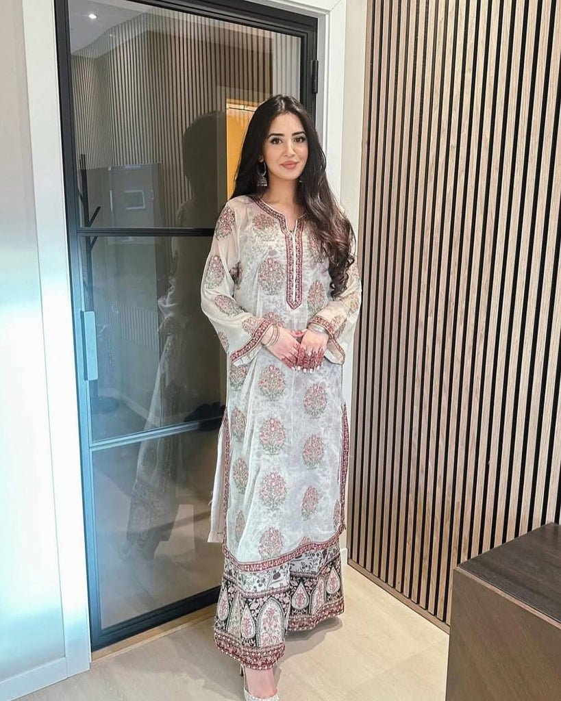 Off White Heavy Faux Georgette Embroidered Suit Set with Printed Crepe Plazzo & Lace Dupatta Clothsvilla