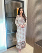 Load image into Gallery viewer, Off White Heavy Faux Georgette Embroidered Suit Set with Printed Crepe Plazzo &amp; Lace Dupatta Clothsvilla