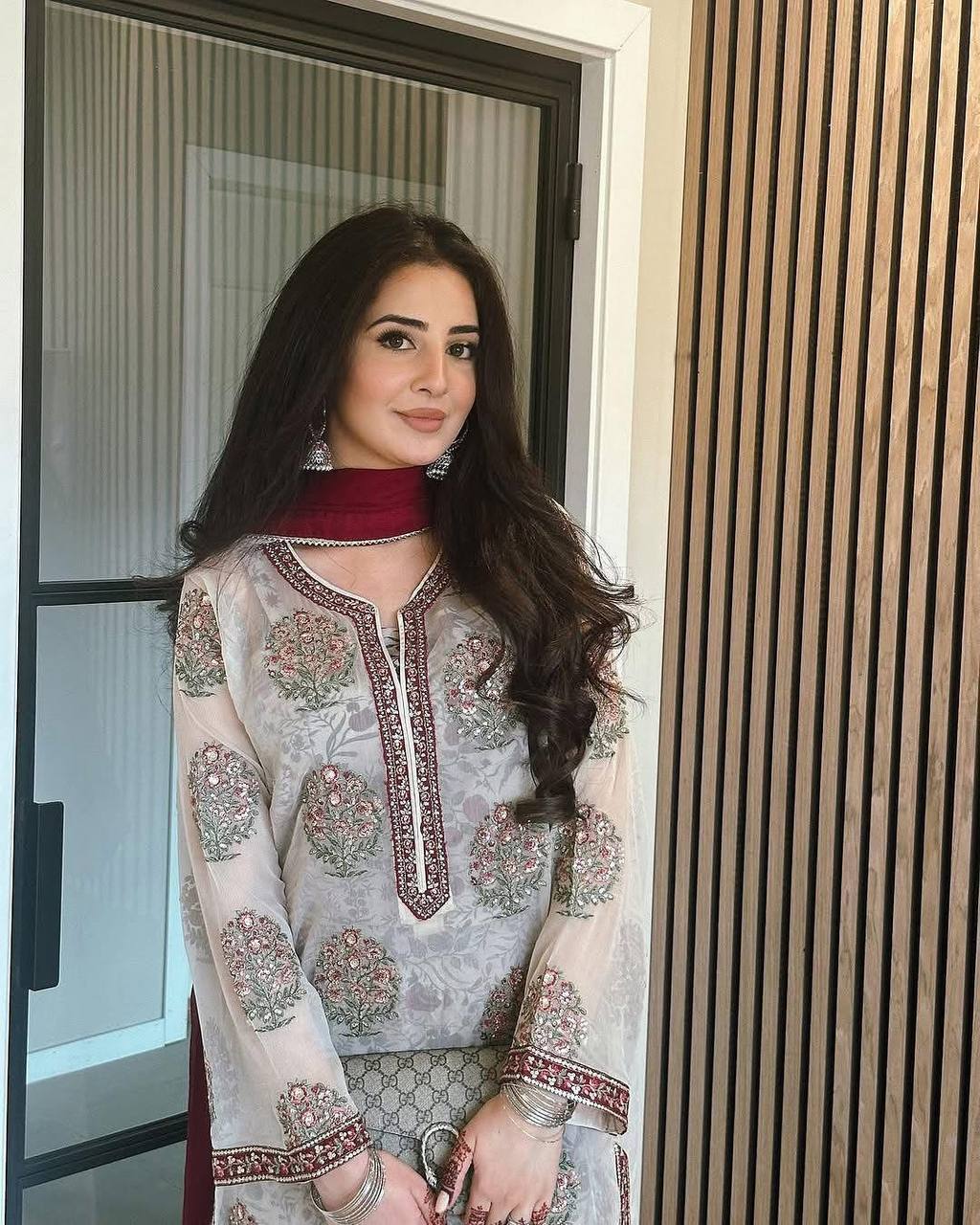 Off White Heavy Faux Georgette Embroidered Suit Set with Printed Crepe Plazzo & Lace Dupatta Clothsvilla