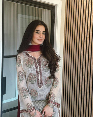 Off White Heavy Faux Georgette Embroidered Suit Set with Printed Crepe Plazzo & Lace Dupatta Clothsvilla