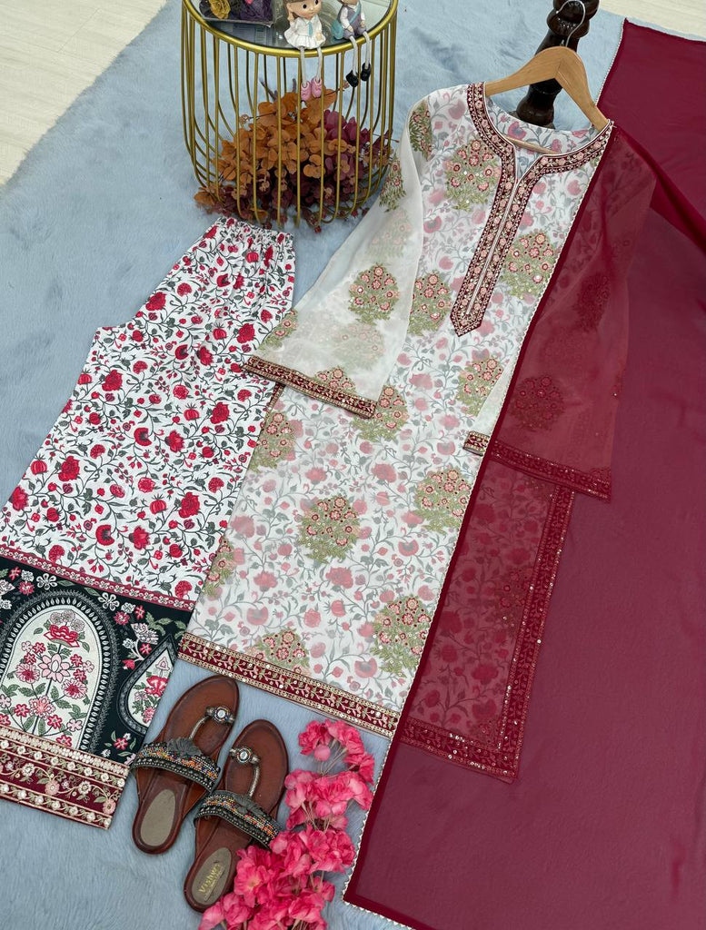 Off White Heavy Faux Georgette Embroidered Suit Set with Printed Crepe Plazzo & Lace Dupatta Clothsvilla