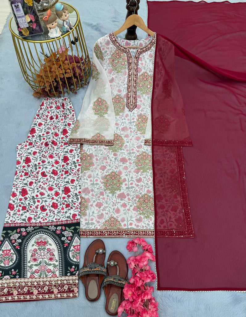 Off White Heavy Faux Georgette Embroidered Suit Set with Printed Crepe Plazzo & Lace Dupatta Clothsvilla