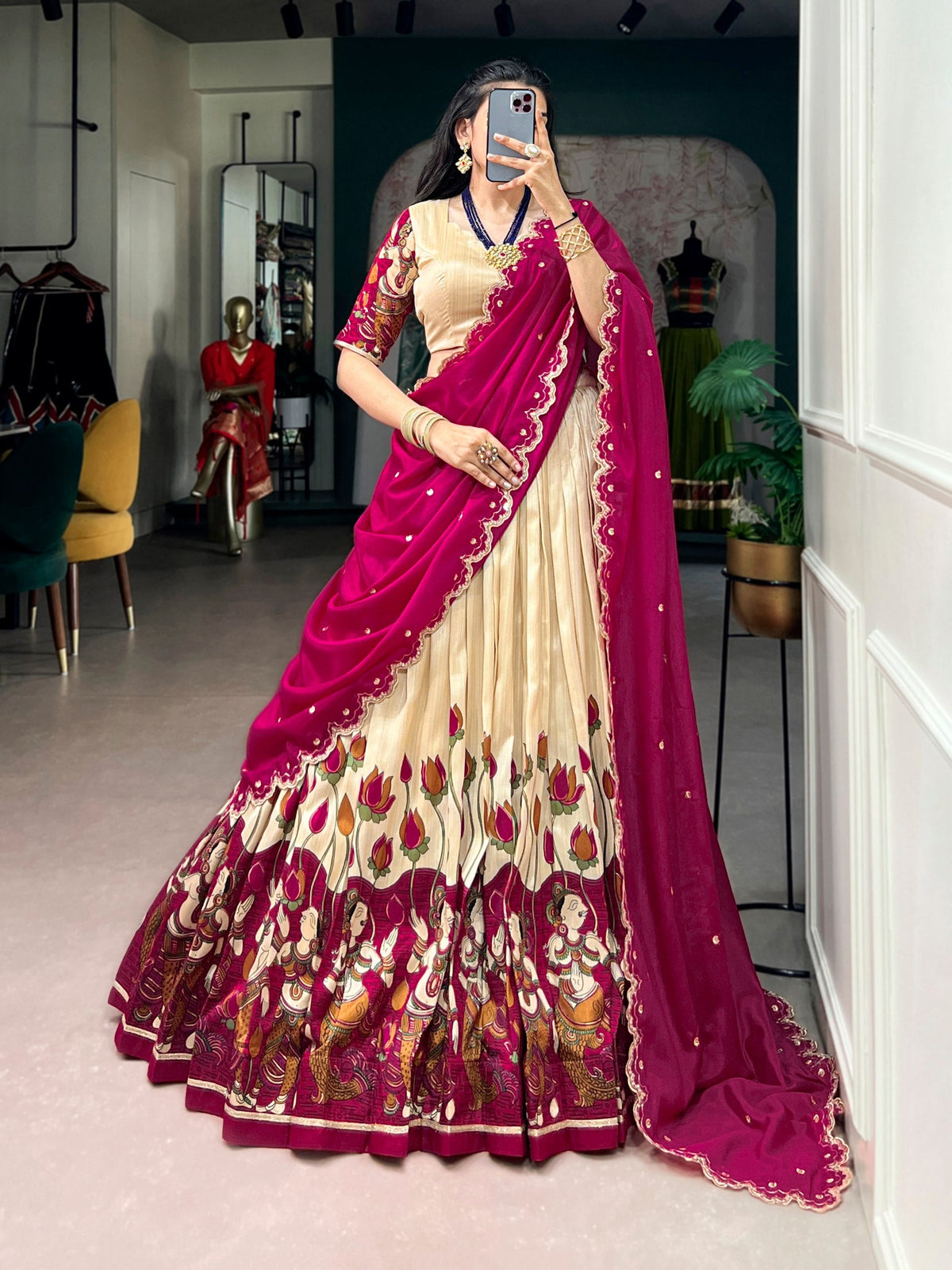 Off White Kalamkari Print Lehenga Set Clothsvilla