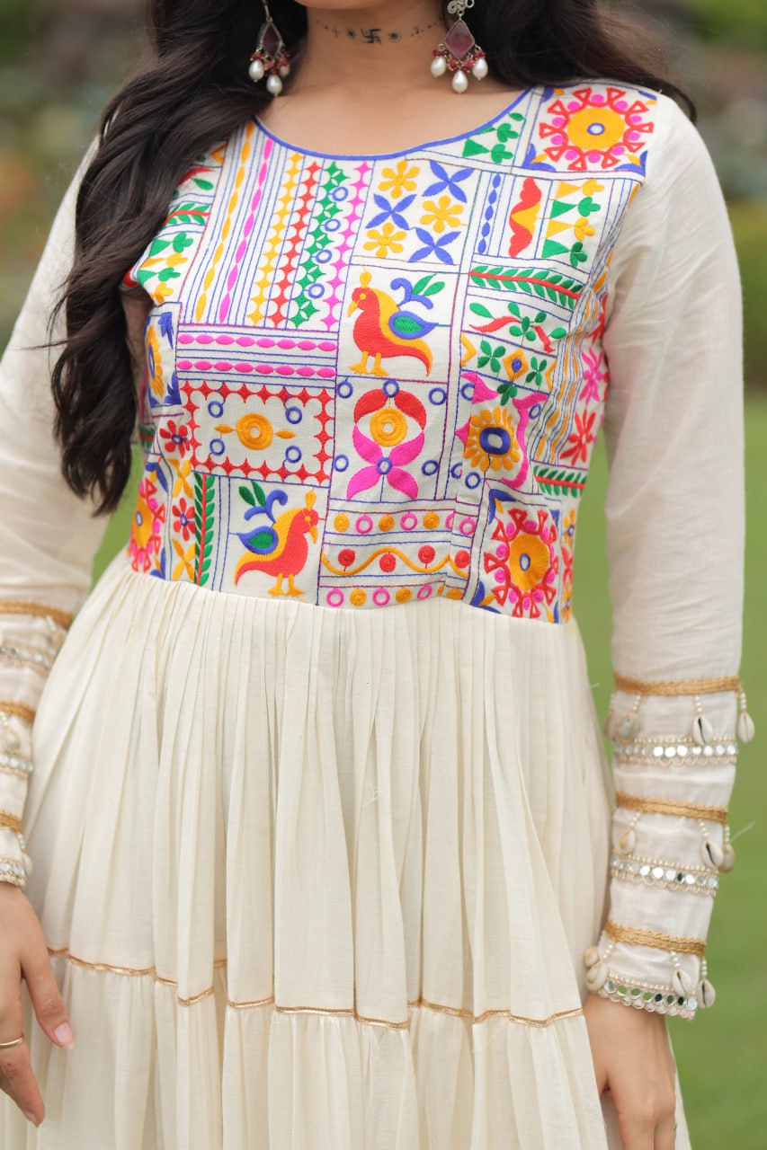 Off-White Navaratri Special Kora Cotton Embroidered Gown with Gota Patti Work & 12 Meter Flair ClothsVilla