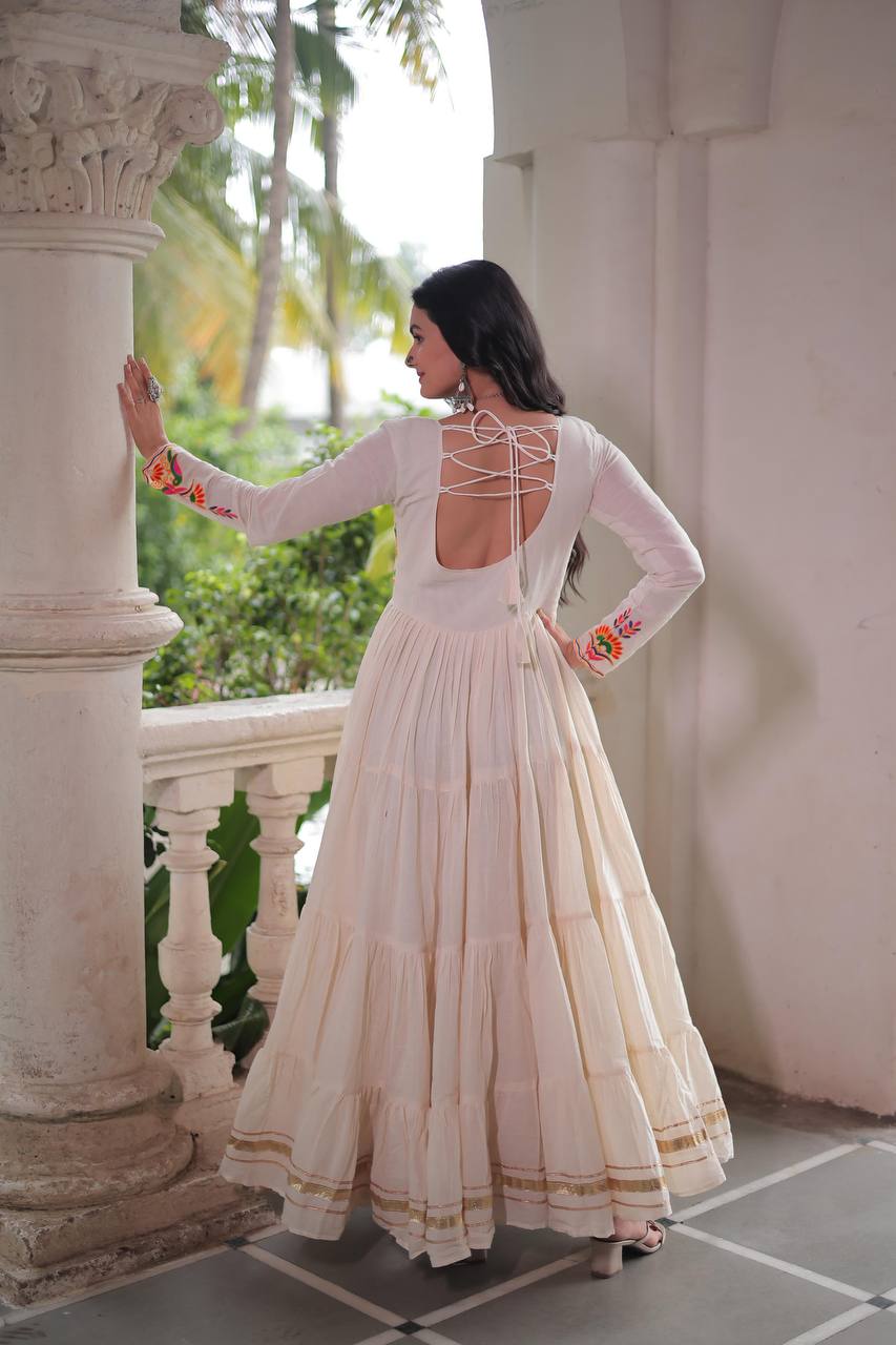 Off White Kora Cotton Embroidered Gown with Multi-Thread & Gota Patti Work – Full Sleeves, 12 Meter Flair, Fully Stitched ClothsVilla