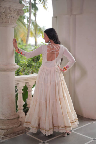 Off White Kora Cotton Embroidered Gown with Multi-Thread & Gota Patti Work – Full Sleeves, 12 Meter Flair, Fully Stitched ClothsVilla