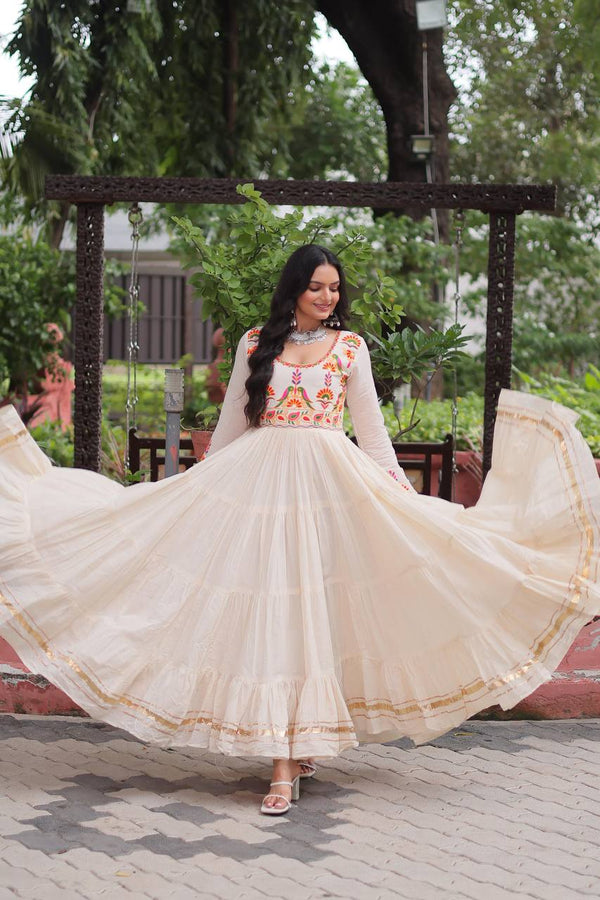 Off White Kora Cotton Embroidered Gown with Multi-Thread & Gota Patti Work – Full Sleeves, 12 Meter Flair, Fully Stitched ClothsVilla