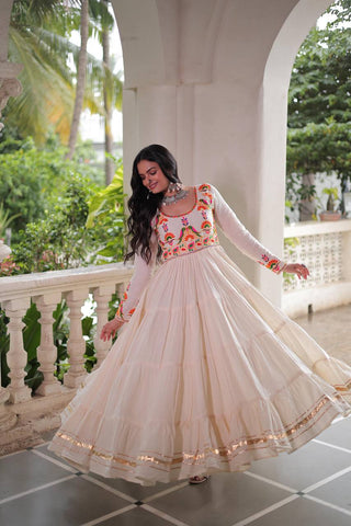 Off White Kora Cotton Embroidered Gown with Multi-Thread & Gota Patti Work – Full Sleeves, 12 Meter Flair, Fully Stitched ClothsVilla