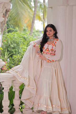 Off White Kora Cotton Embroidered Gown with Multi-Thread & Gota Patti Work – Full Sleeves, 12 Meter Flair, Fully Stitched ClothsVilla