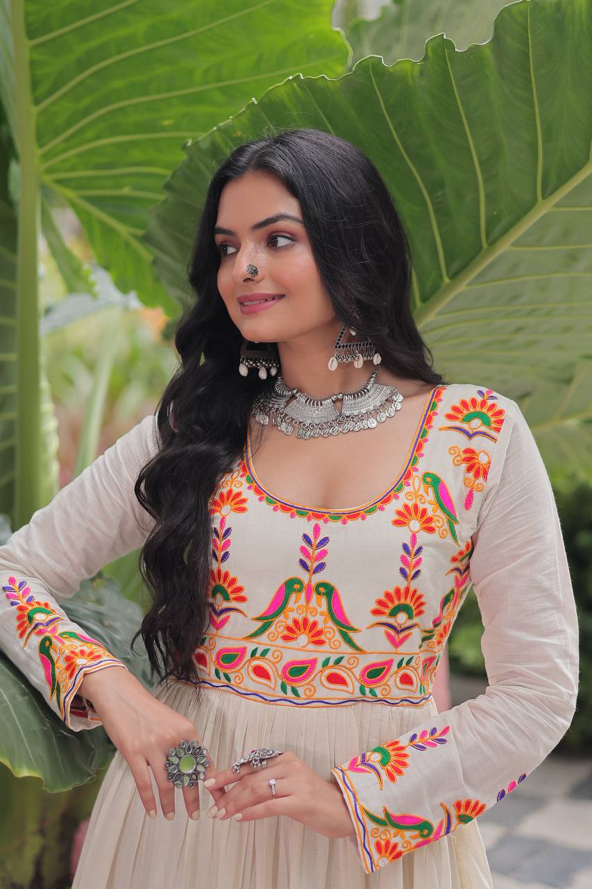 Off White Kora Cotton Embroidered Gown with Multi-Thread & Gota Patti Work – Full Sleeves, 12 Meter Flair, Fully Stitched ClothsVilla