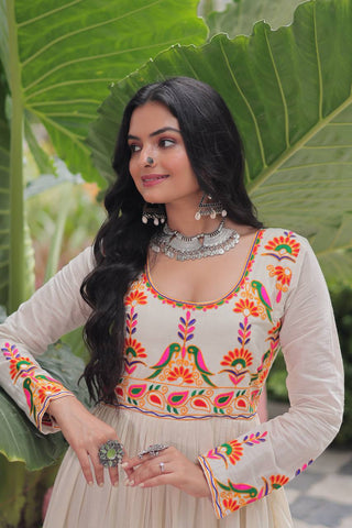 Off White Kora Cotton Embroidered Gown with Multi-Thread & Gota Patti Work – Full Sleeves, 12 Meter Flair, Fully Stitched ClothsVilla