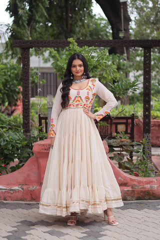 Off White Kora Cotton Embroidered Gown with Multi-Thread & Gota Patti Work – Full Sleeves, 12 Meter Flair, Fully Stitched ClothsVilla