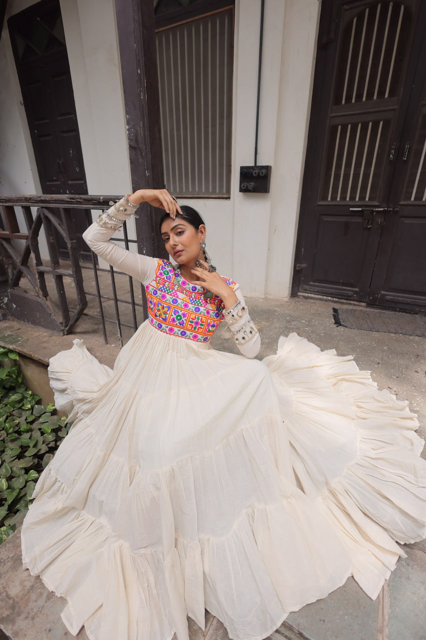 Off-White Kora Cotton Gamthi Embroidered Gown – 12 Meter Flair ClothsVilla