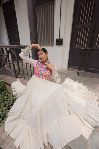 Off-White Kora Cotton Gamthi Embroidered Gown – 12 Meter Flair ClothsVilla