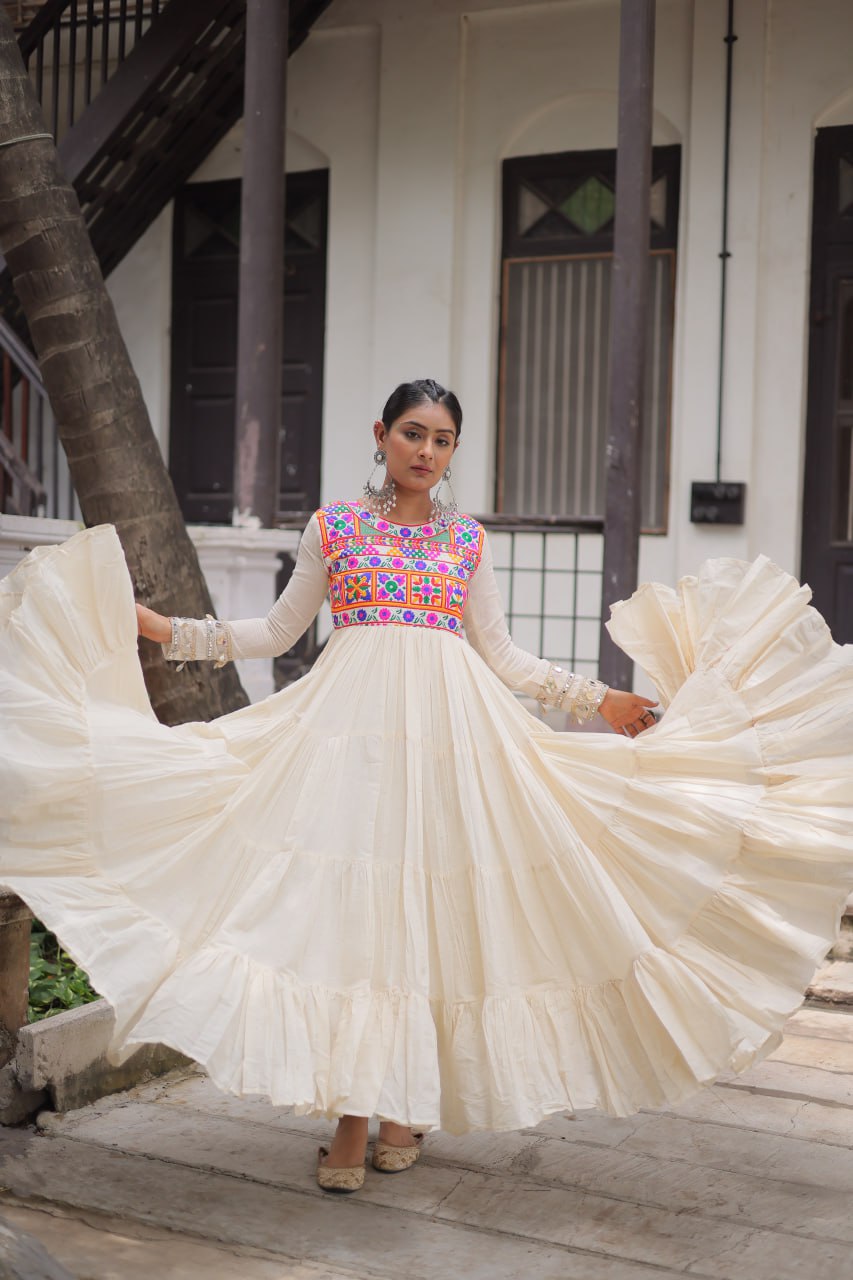 Off-White Kora Cotton Gamthi Embroidered Gown – 12 Meter Flair ClothsVilla