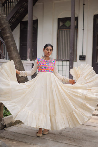 Off-White Kora Cotton Gamthi Embroidered Gown – 12 Meter Flair ClothsVilla
