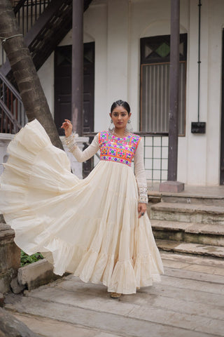 Off-White Kora Cotton Gamthi Embroidered Gown – 12 Meter Flair ClothsVilla