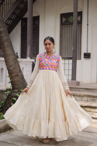 Off-White Kora Cotton Gamthi Embroidered Gown – 12 Meter Flair ClothsVilla