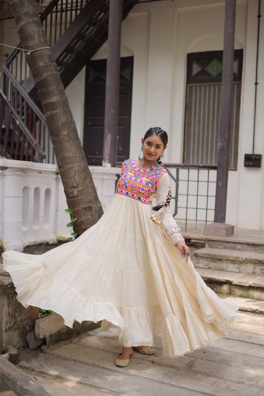 Off-White Kora Cotton Gamthi Embroidered Gown – 12 Meter Flair ClothsVilla