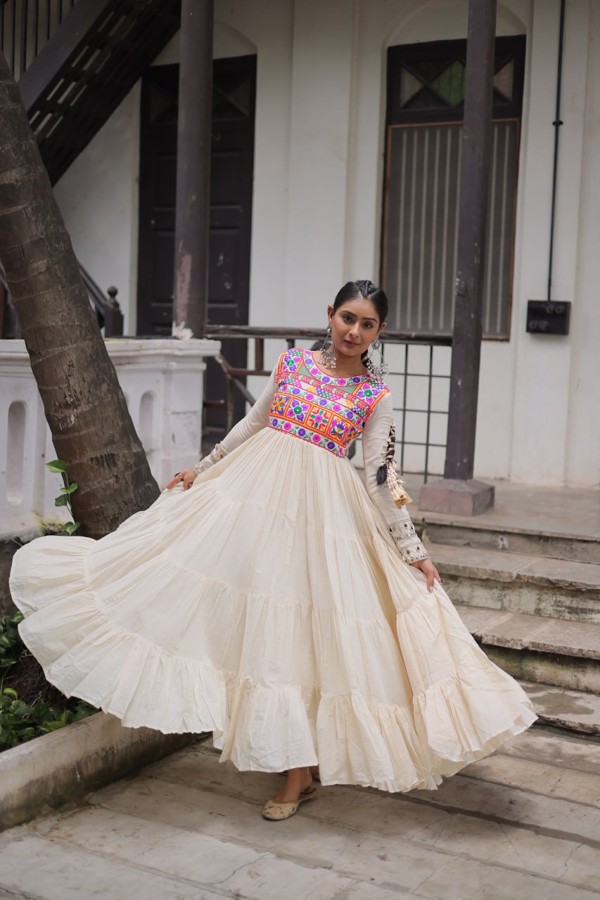 Off-White Kora Cotton Gamthi Embroidered Gown – 12 Meter Flair ClothsVilla
