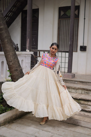 Off-White Kora Cotton Gamthi Embroidered Gown – 12 Meter Flair ClothsVilla