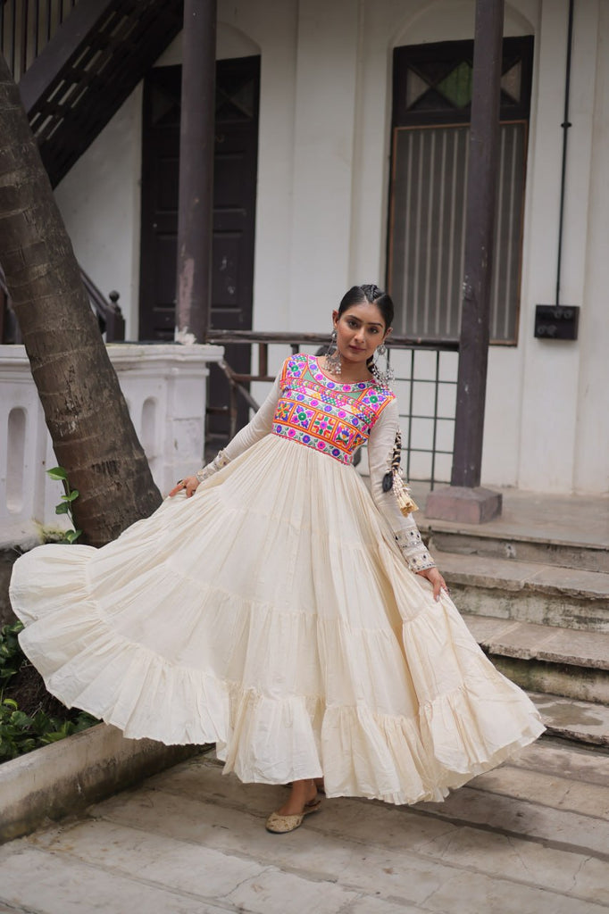 Off-White Kora Cotton Gamthi Embroidered Gown – 12 Meter Flair ClothsVilla