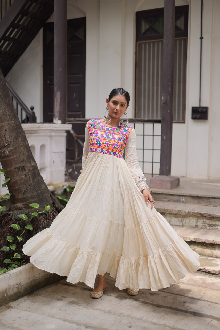 Off-White Kora Cotton Gamthi Embroidered Gown – 12 Meter Flair ClothsVilla