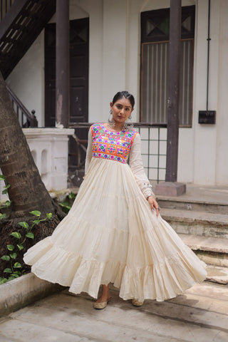 Off-White Kora Cotton Gamthi Embroidered Gown – 12 Meter Flair ClothsVilla