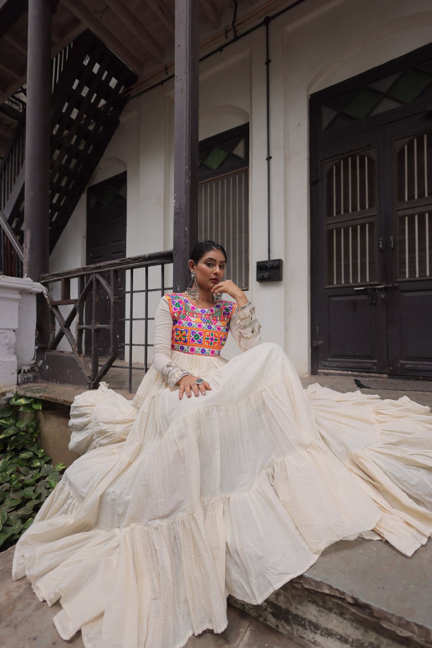 Off-White Kora Cotton Gamthi Embroidered Gown – 12 Meter Flair ClothsVilla