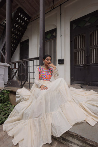 Off-White Kora Cotton Gamthi Embroidered Gown – 12 Meter Flair ClothsVilla