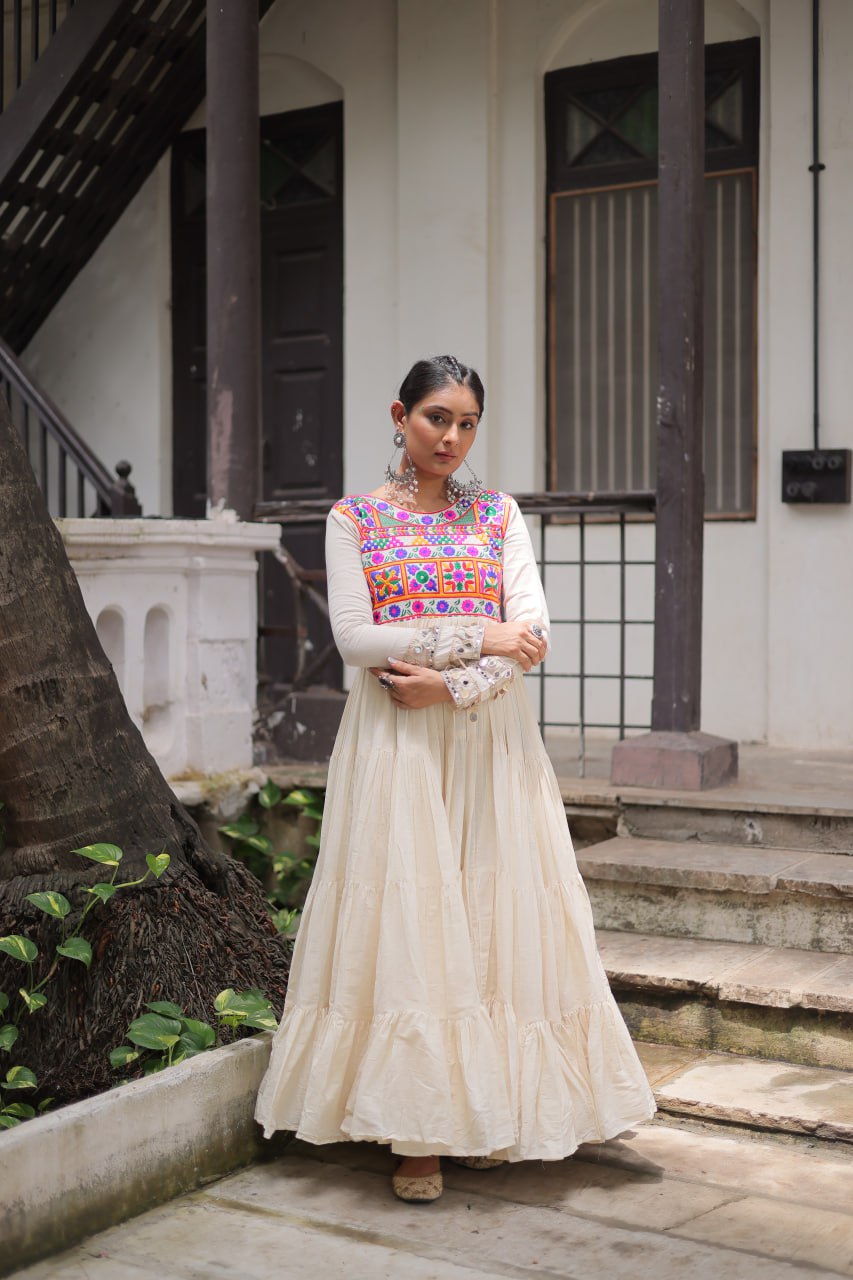 Off-White Kora Cotton Gamthi Embroidered Gown – 12 Meter Flair ClothsVilla