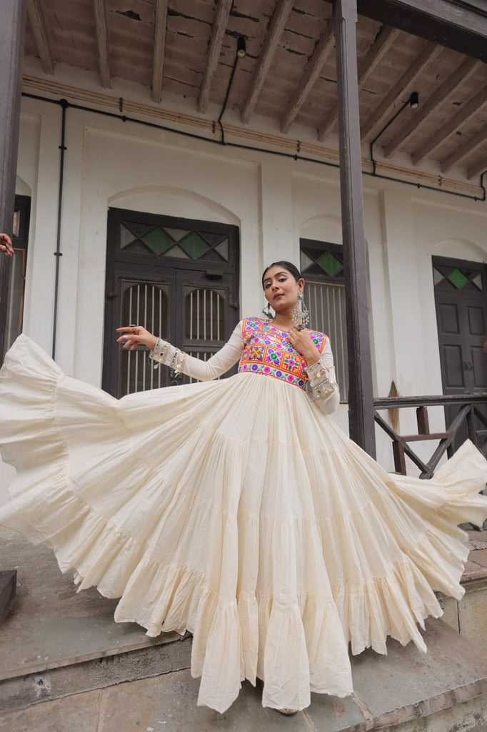 Off-White Kora Cotton Gamthi Embroidered Gown – 12 Meter Flair ClothsVilla