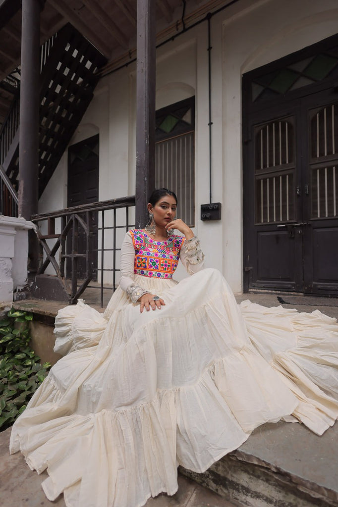 Off-White Kora Cotton Gamthi Embroidered Gown – 12 Meter Flair ClothsVilla
