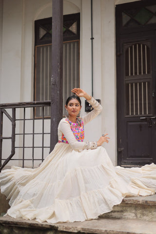 Off-White Kora Cotton Gamthi Embroidered Gown – 12 Meter Flair ClothsVilla