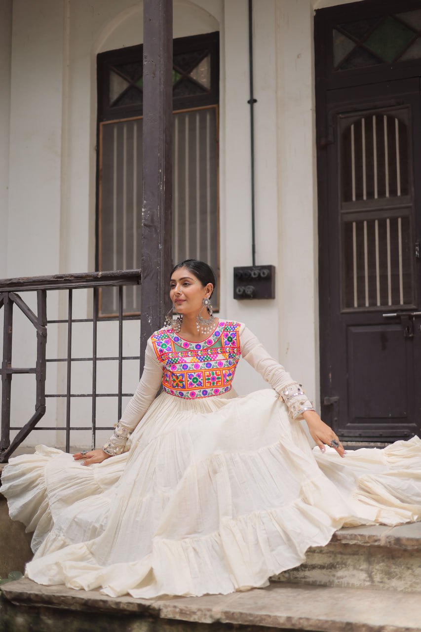 Off-White Kora Cotton Gamthi Embroidered Gown – 12 Meter Flair ClothsVilla