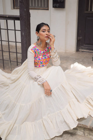 Off-White Kora Cotton Gamthi Embroidered Gown – 12 Meter Flair ClothsVilla
