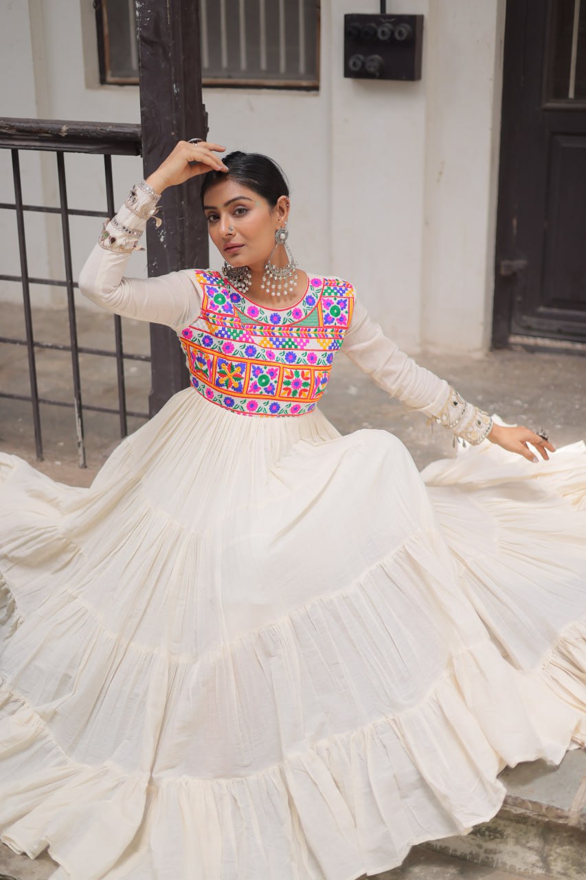 Off-White Kora Cotton Gamthi Embroidered Gown – 12 Meter Flair ClothsVilla