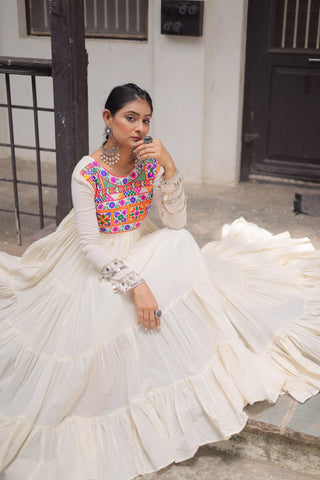 Off-White Kora Cotton Gamthi Embroidered Gown – 12 Meter Flair ClothsVilla
