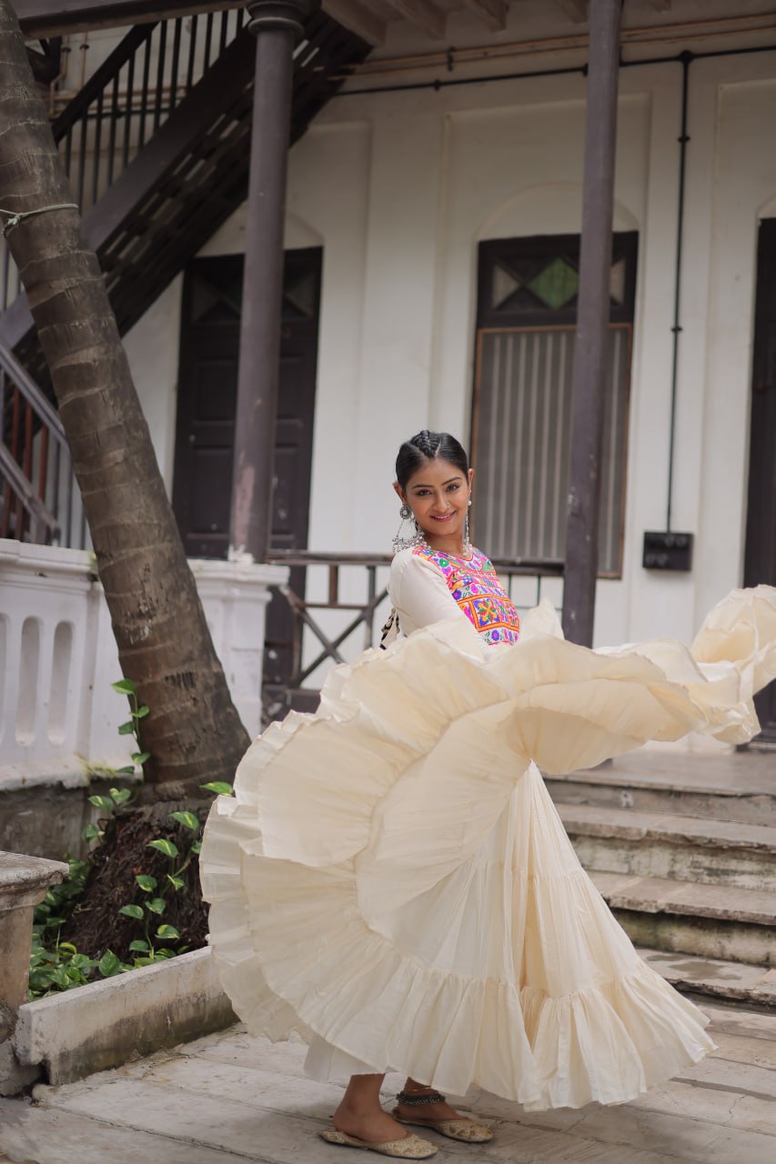 Off-White Kora Cotton Gamthi Embroidered Gown – 12 Meter Flair ClothsVilla