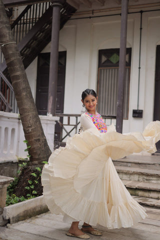 Off-White Kora Cotton Gamthi Embroidered Gown – 12 Meter Flair ClothsVilla