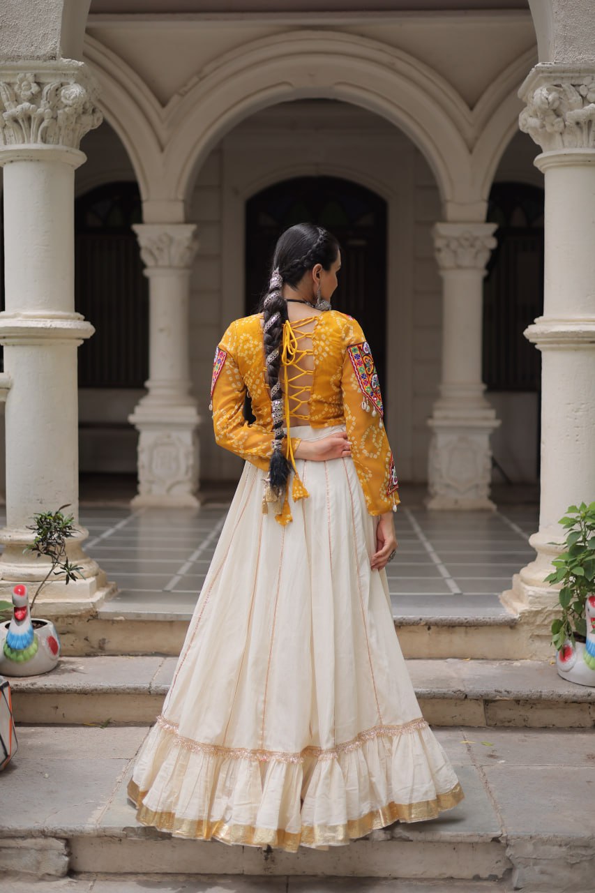 Off White Kora Cotton Gota-Patti Lehenga with Yellow Bandhani Kutchi Patchwork Top ClothsVilla