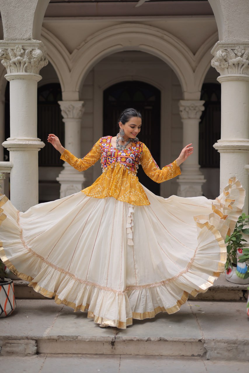 Off White Kora Cotton Gota-Patti Lehenga with Yellow Bandhani Kutchi Patchwork Top ClothsVilla