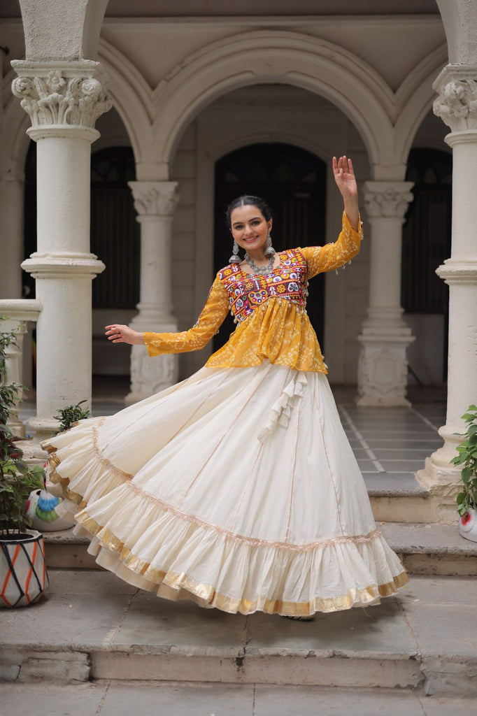 Off White Kora Cotton Gota-Patti Lehenga with Yellow Bandhani Kutchi Patchwork Top ClothsVilla