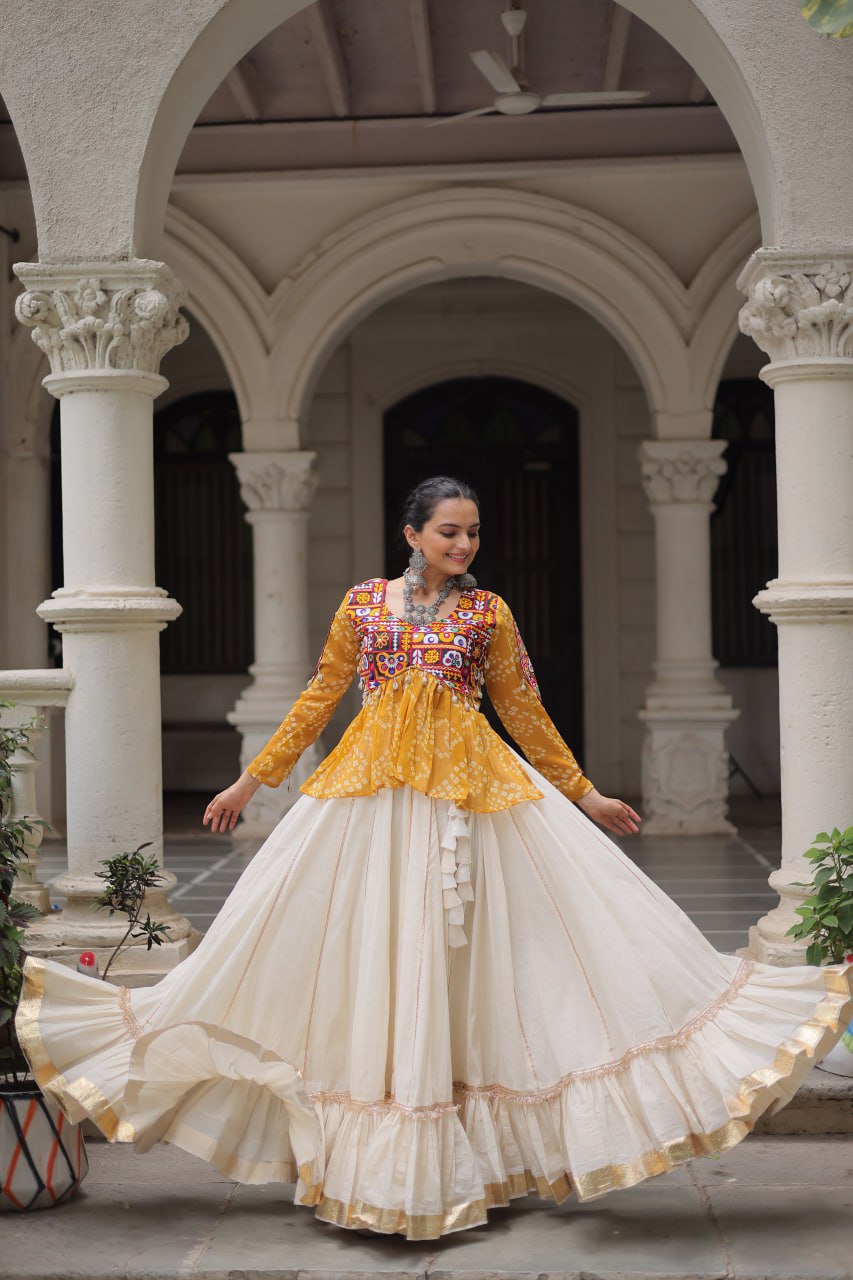 Off White Kora Cotton Gota-Patti Lehenga with Yellow Bandhani Kutchi Patchwork Top ClothsVilla Main image